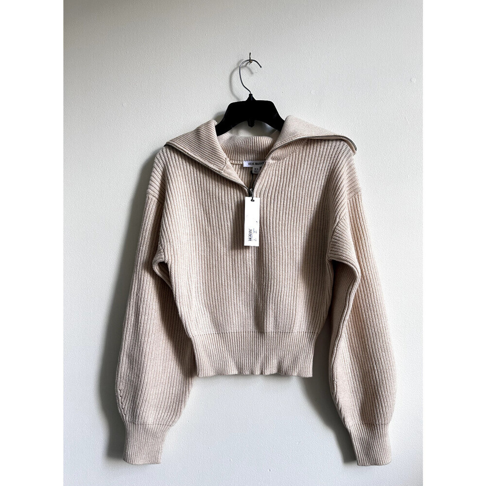 STEVE MADDEN Rowan Quarter Zip Pullover XS Ribbed Sulphur Springs Ivory